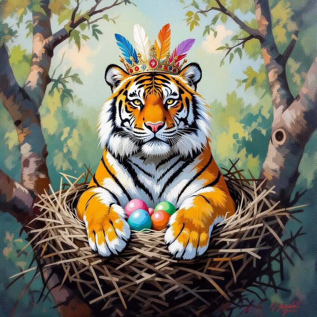 Gigantic Tiger Bird Pretends To Be In Feathered Nest