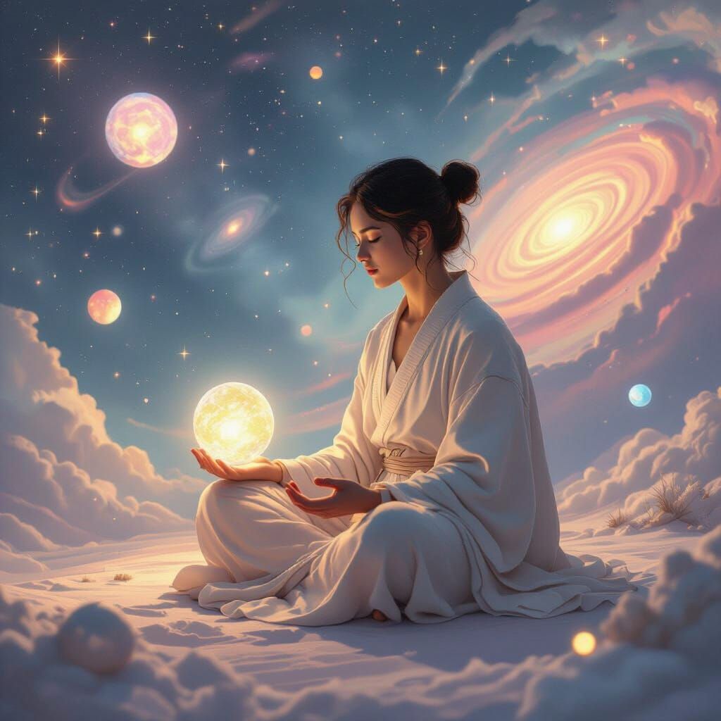 Meditating Figure Amidst Pastel Galaxies