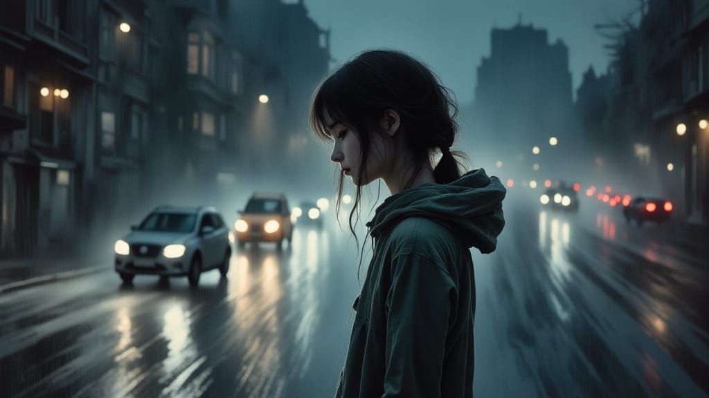 Cyberpunk Woman in Rainy Night Cityscape