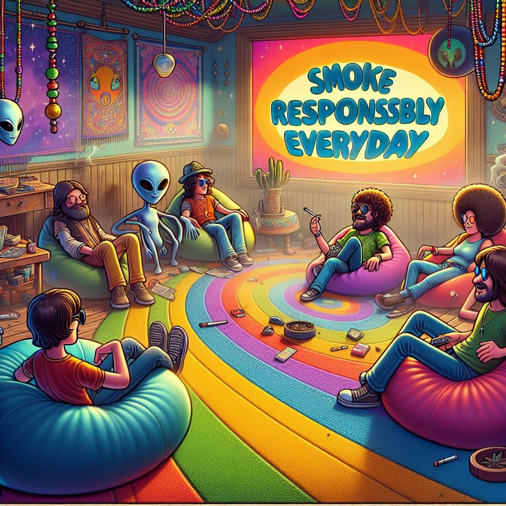 Cartoon Hippie Scene Promoting Responsible Smoking