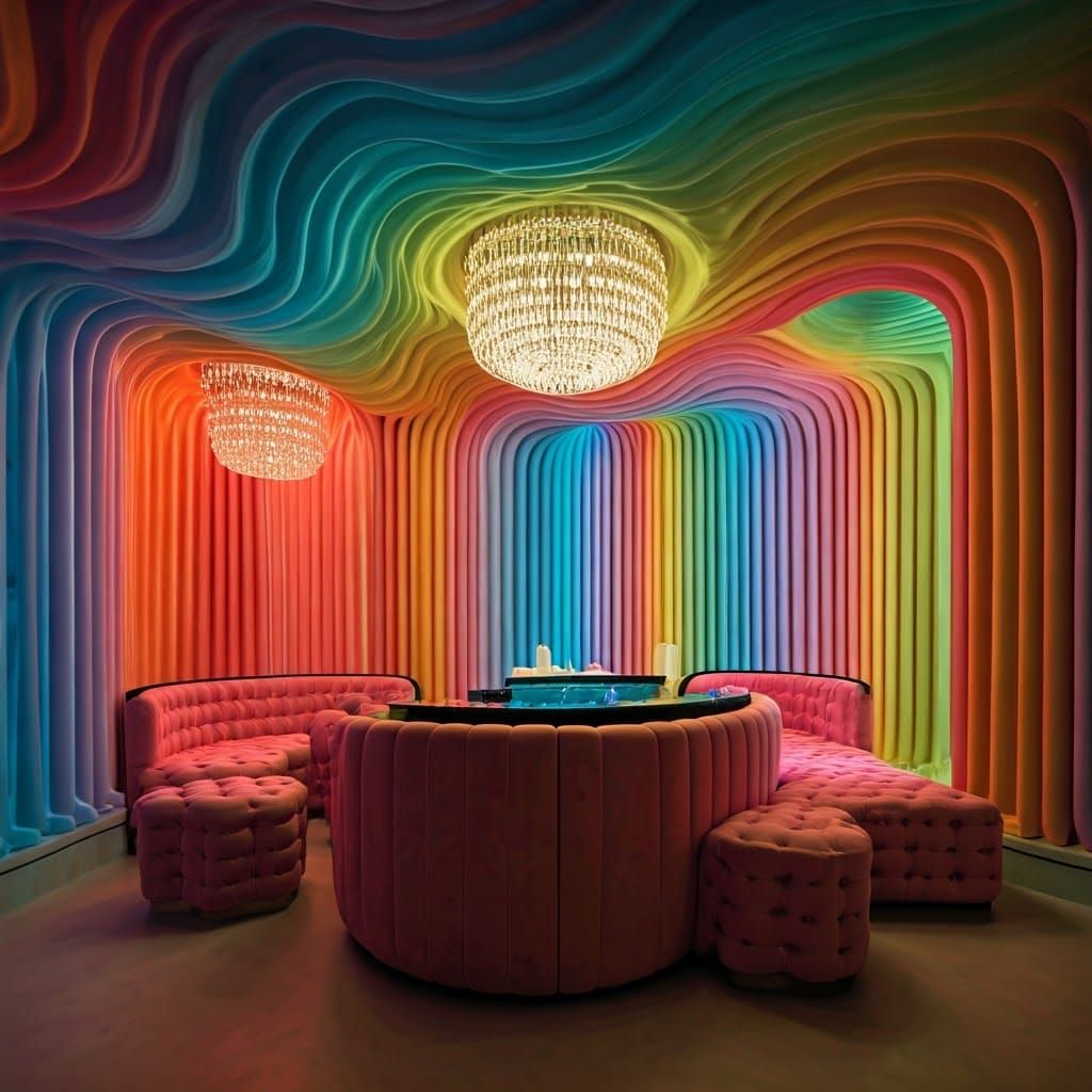 Futuristic Rainbow Disco Room in Space-Age Style