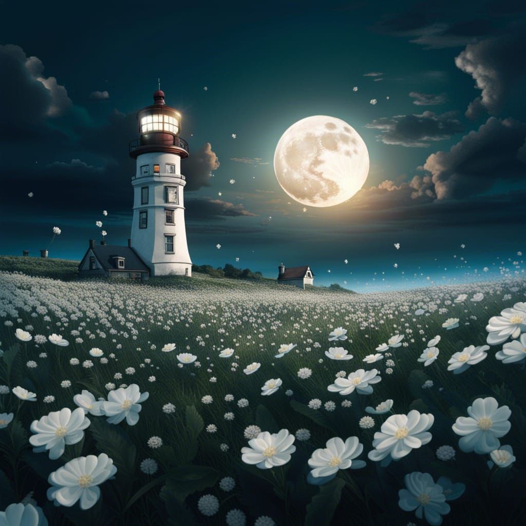 Lighthouse Over Flower Field at Twilight