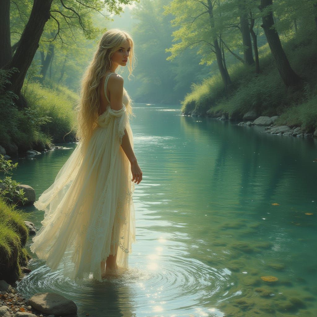 Water Nymph Emerges from Countryside River in Dreamy, Ethere...