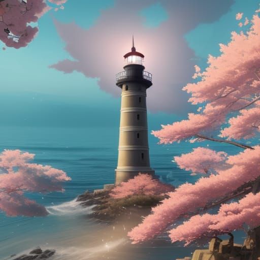 Lighthouse with Sakura Trees in Art Nouveau Style