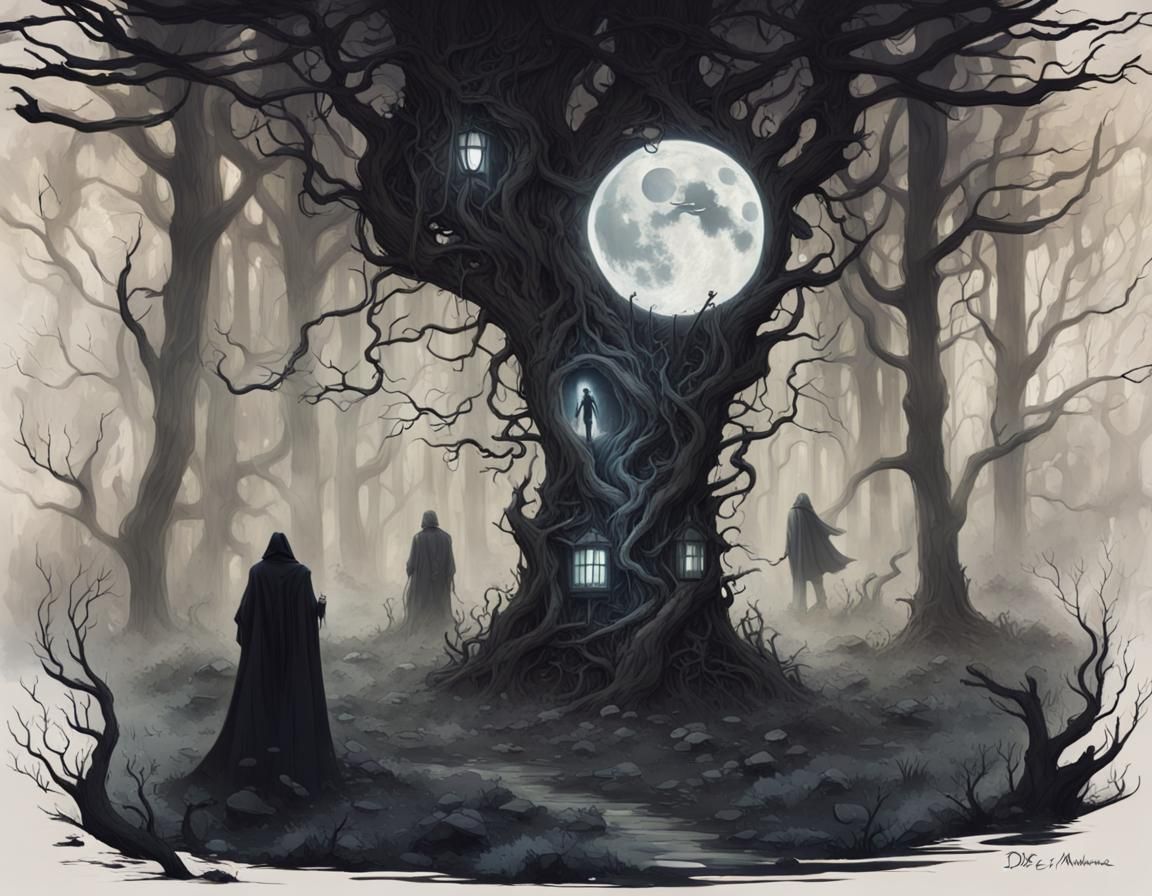 Ghostly Figures in Moonlit Forest, Makoto Shinkai Style