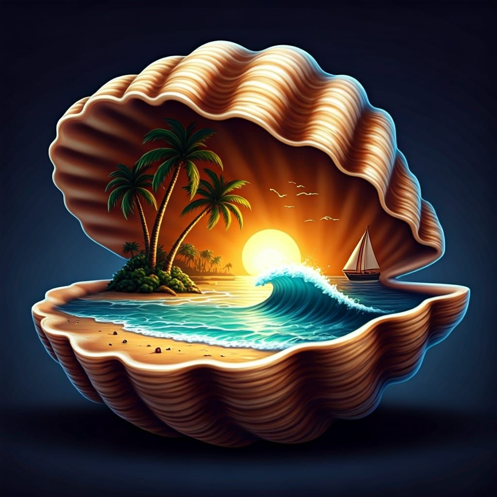 Tropical Beach in Seashell: Cartoon Watercolor Digital Art