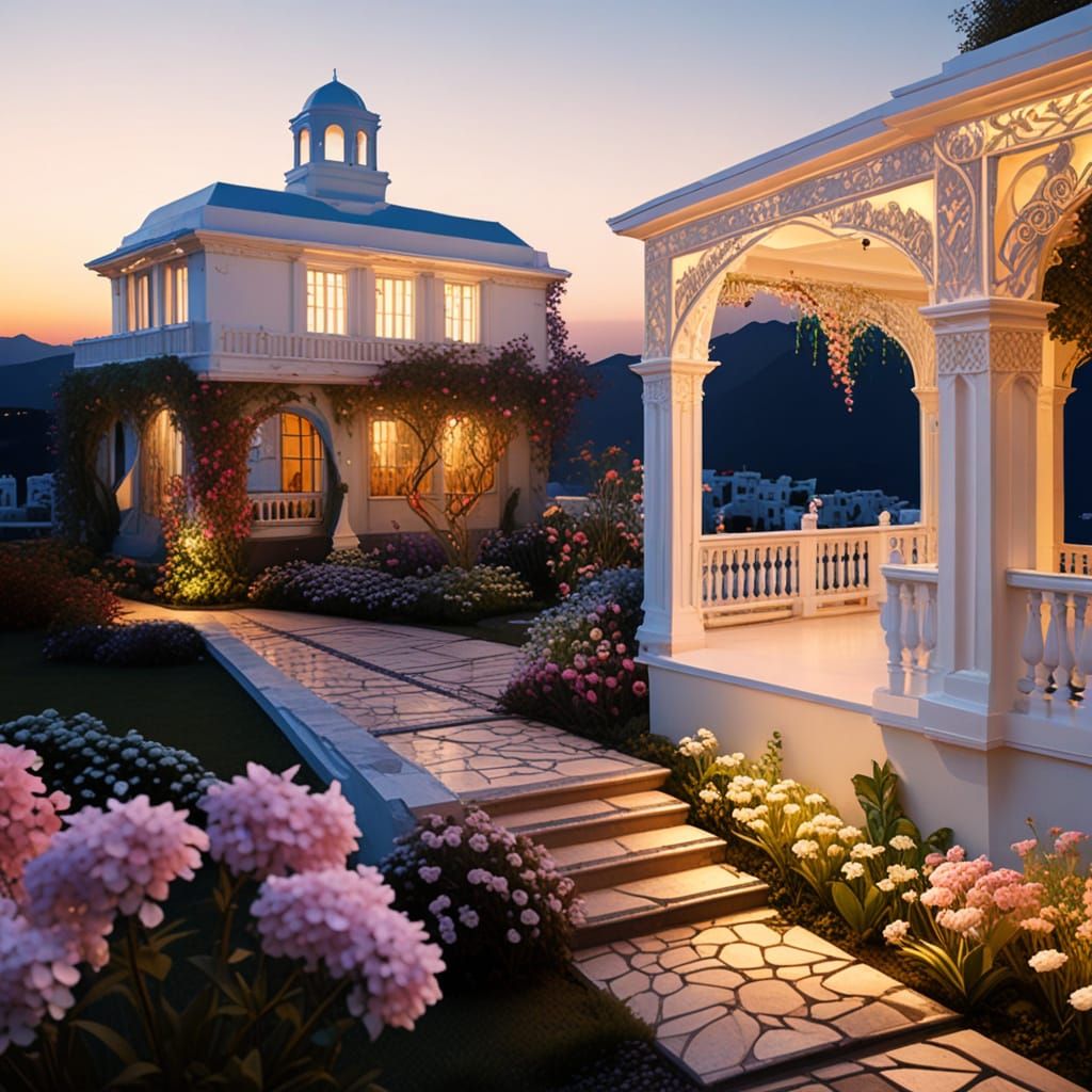 Ethereal Nighttime Villa Scene in Multicolor Art Nouveau Sty...