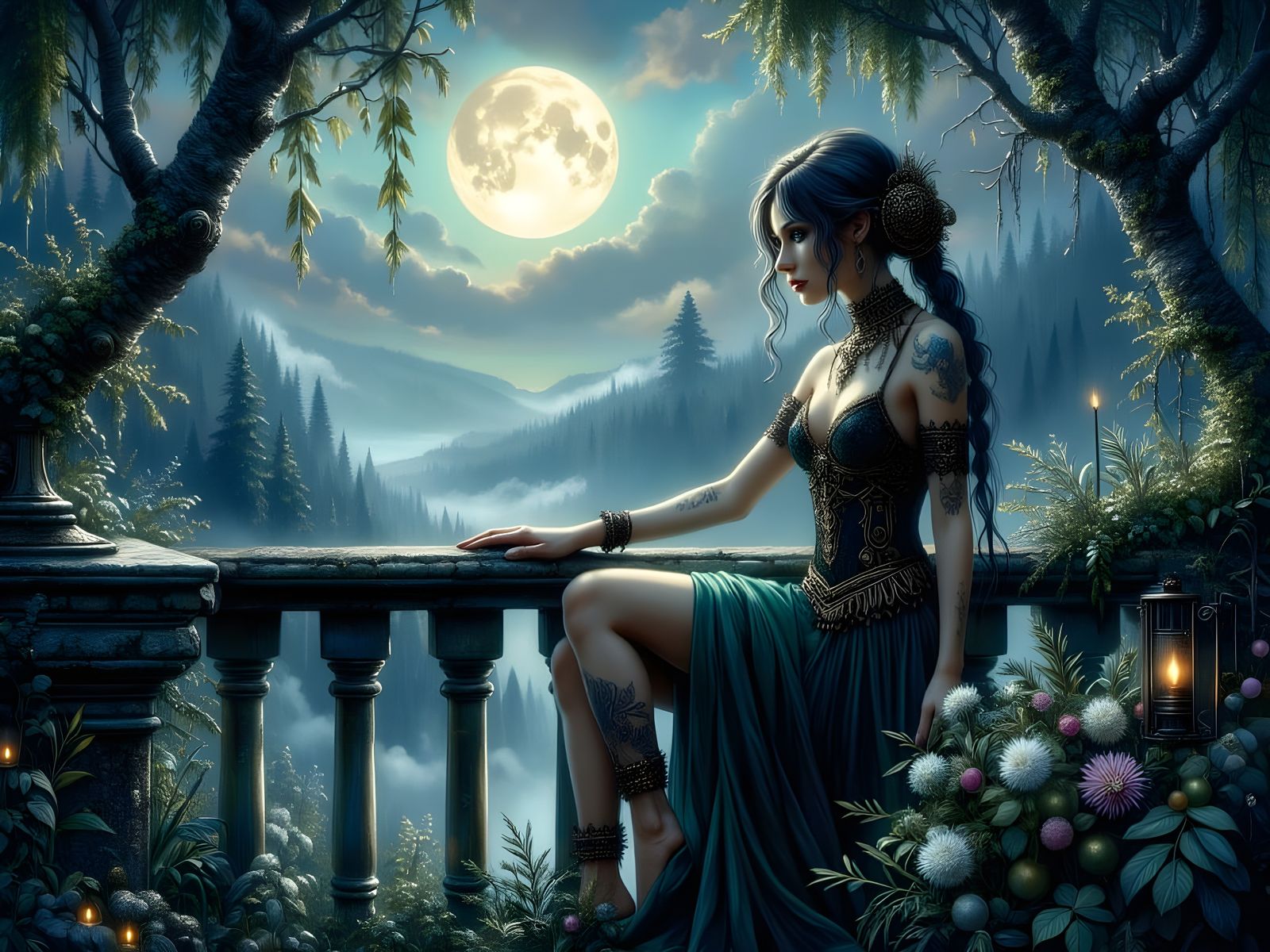 Gothic Norse Goddess Overlooks Mystical Forest