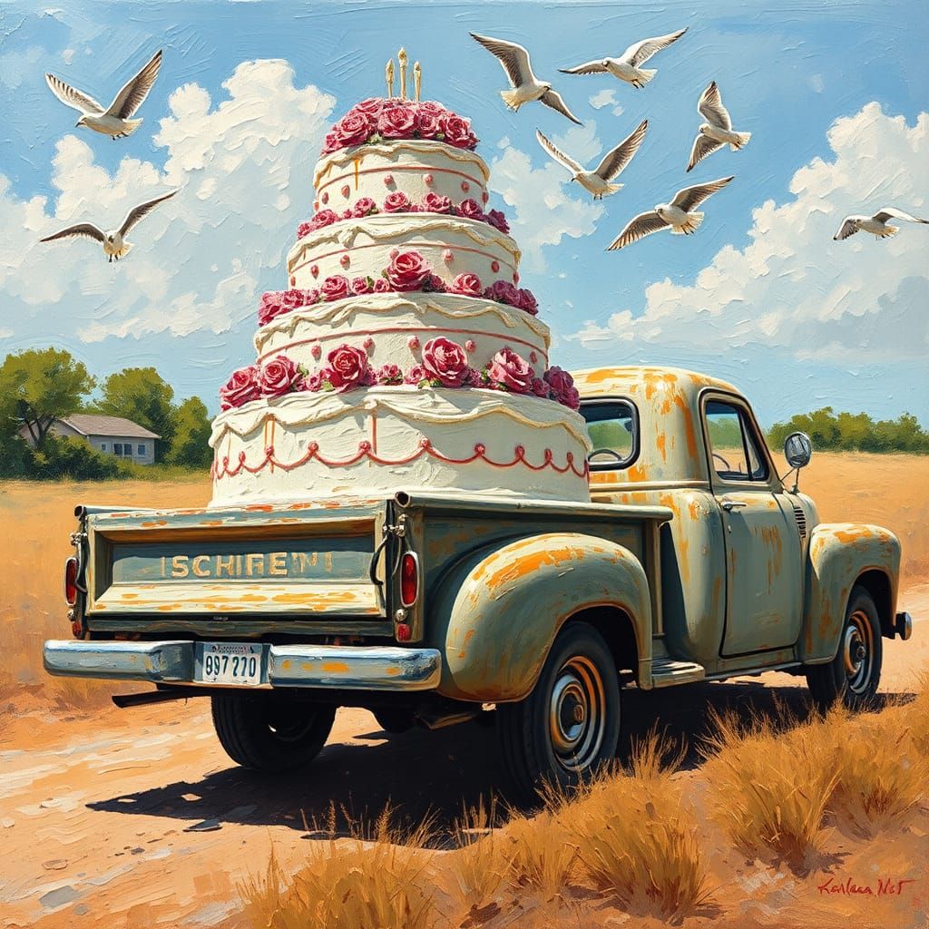Vintage Truck Carries Wedding Cake: Impressionist Oil Painti...