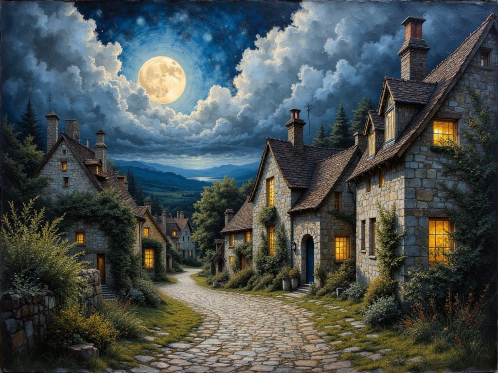 Village at Night in Impressionistic Style