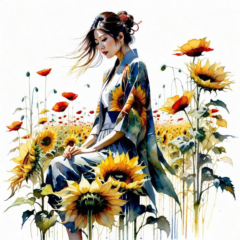 Japanese Woman Under Sunflower: Watercolor Masterpiece