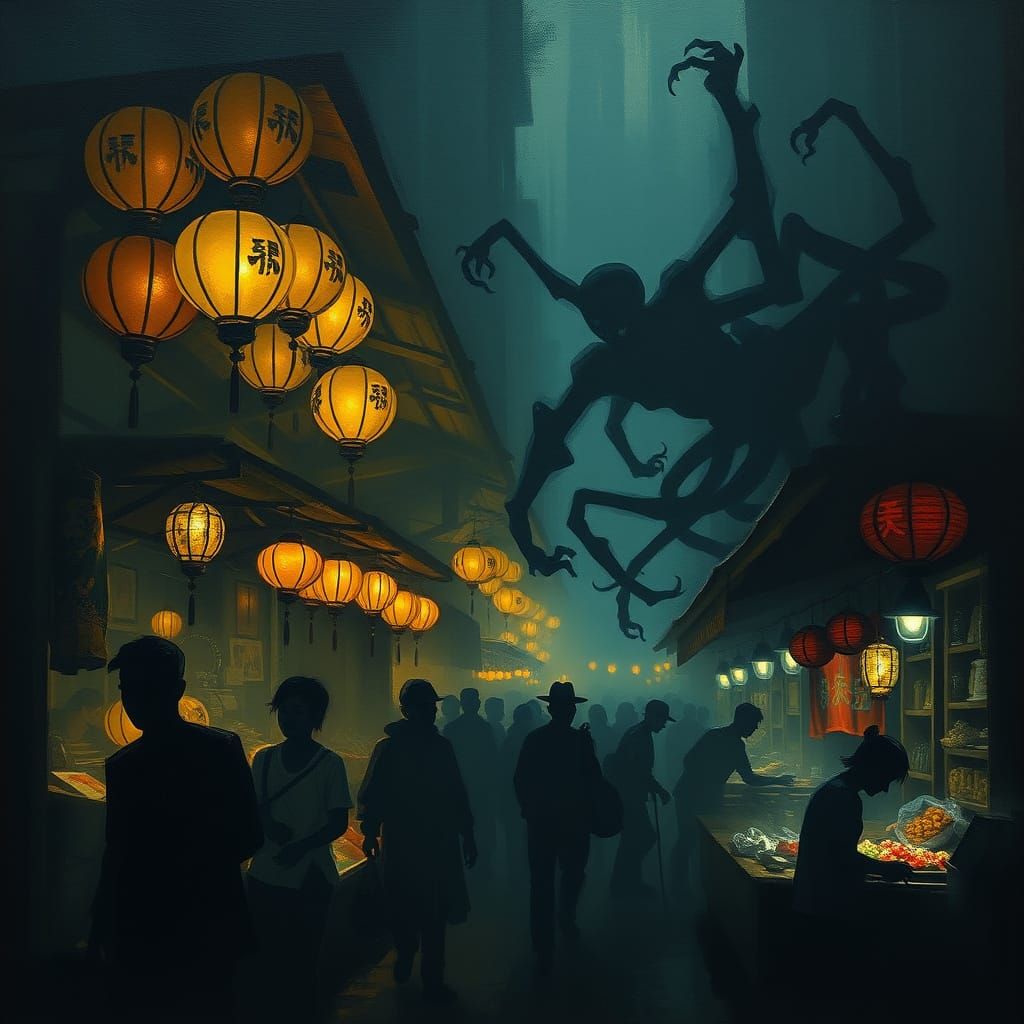 Ethereal Night Market Shadows Dance in Darkness