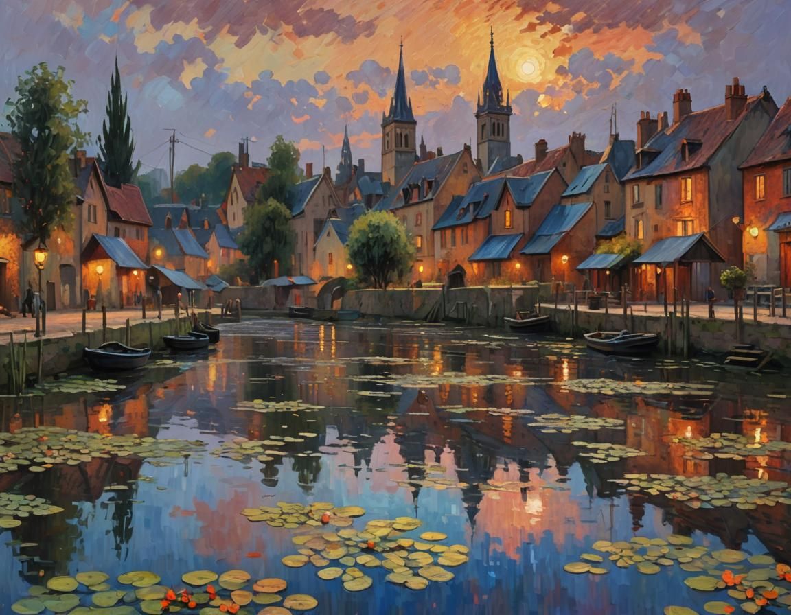 Vibrant Village at Dusk: An Impressionist Oil Painting