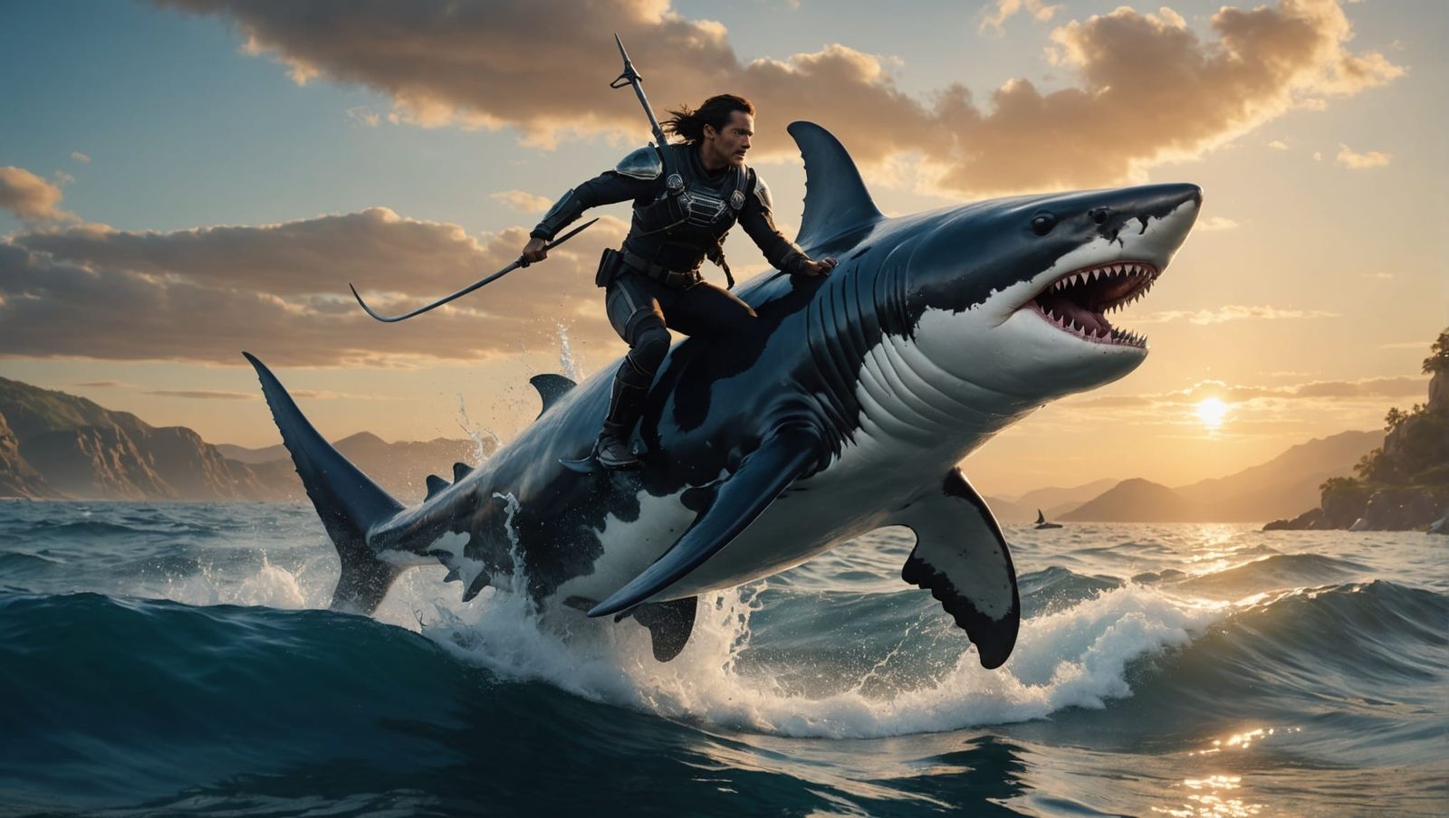 Warrior Riding Shark into Battle