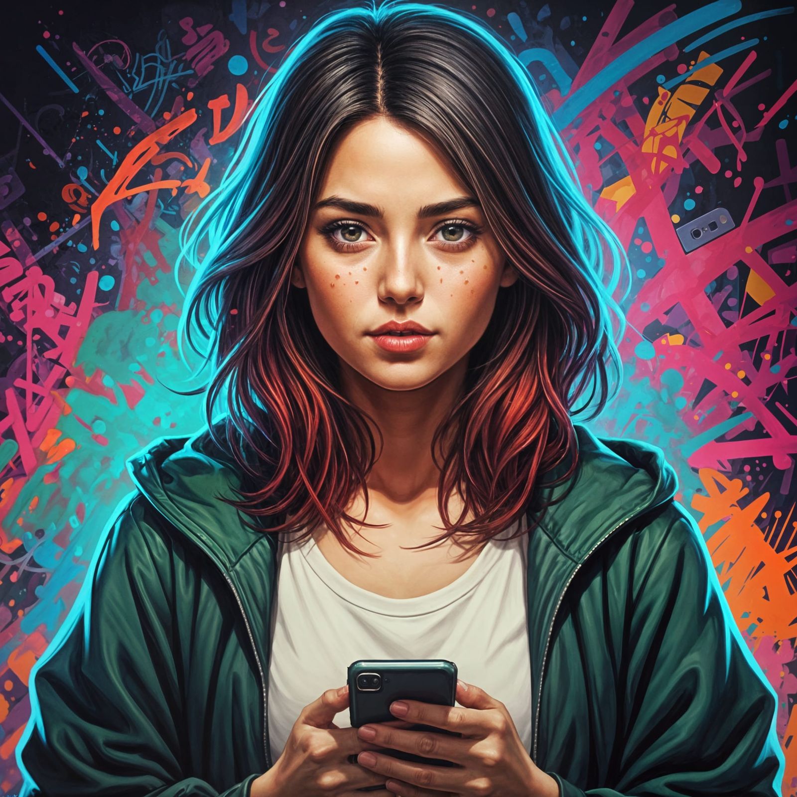 Woman with Phone in Graffiti Splash Art Style