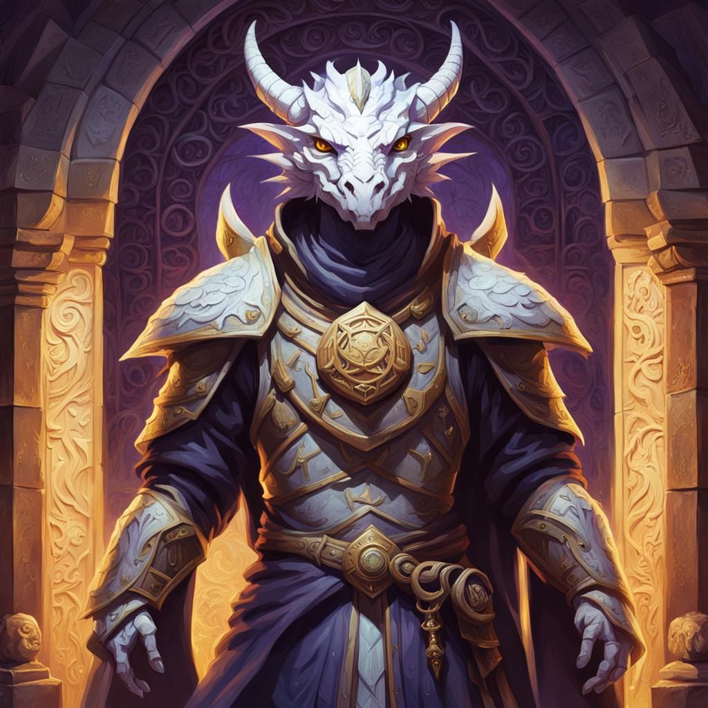 Mystical White Dragonborn Cleric in Dark Fantasy Chamber