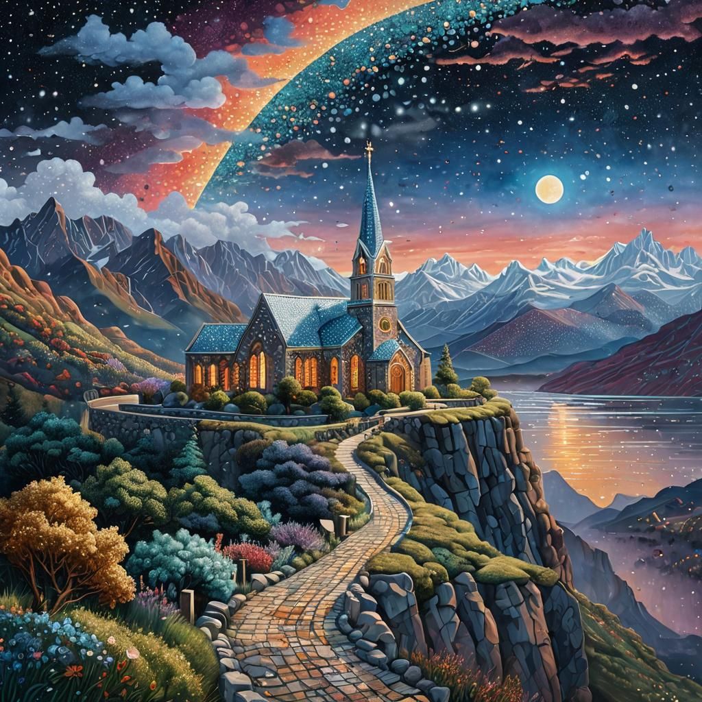 Pointillist Church on Cliff with Dreamy Sky
