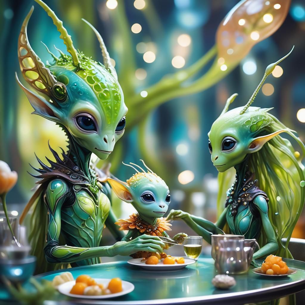 Elegant Elven Alien Brunch in Oil Painting Style