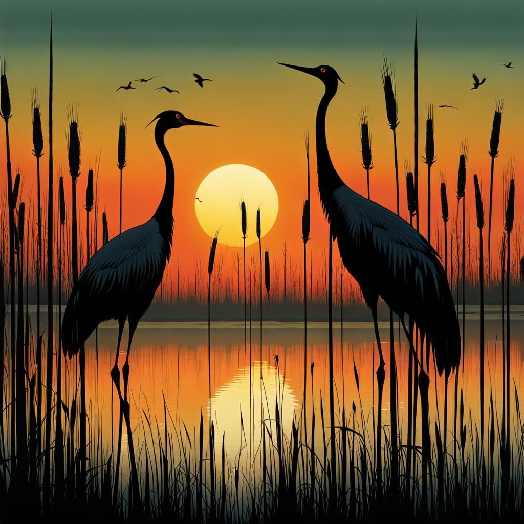 Cranes on Lake Shore in Graphic Novel Style