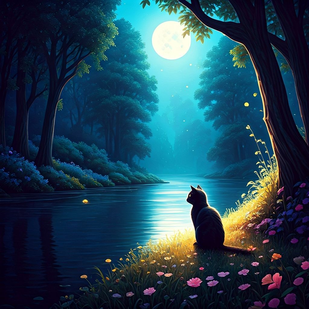 Black Cat by River in Watercolor Fairytale Style