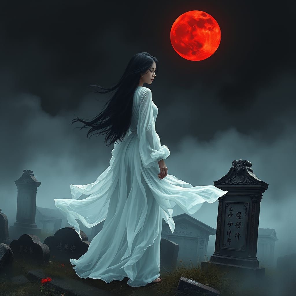 Ethereal Asian Woman in Cemetery, Graffiti Art Style