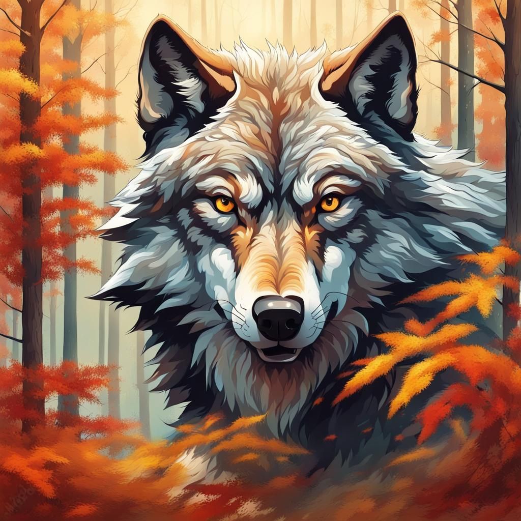 Abstract Wolf in Autumn Forest Painting