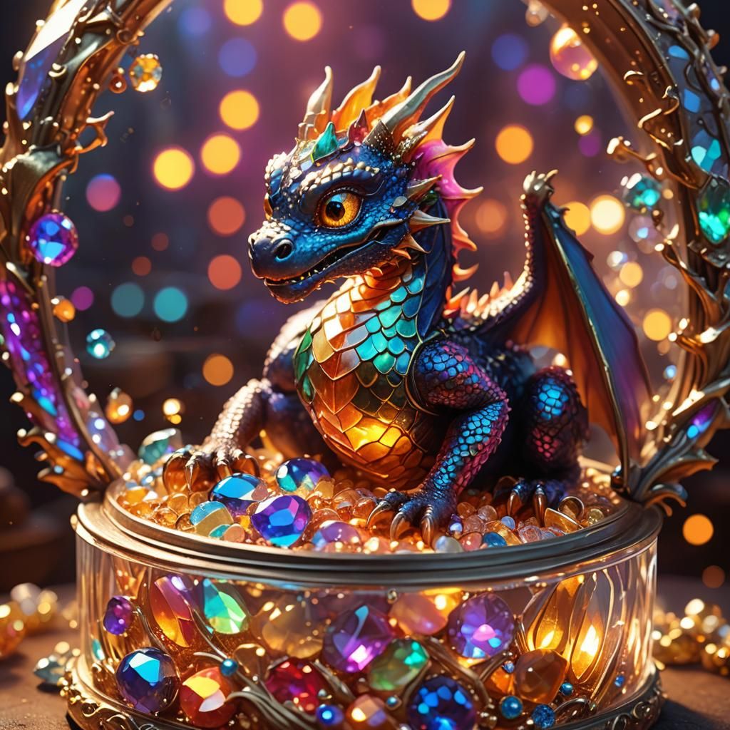 Cute Baby Dragon in Glowing Jewel Box