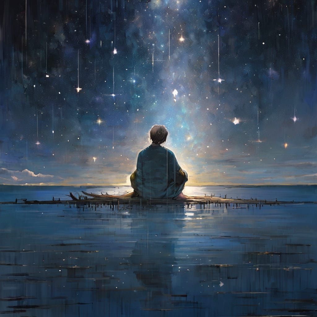 Man Contemplates the Starry Night Sky Over a Tranquil Lake