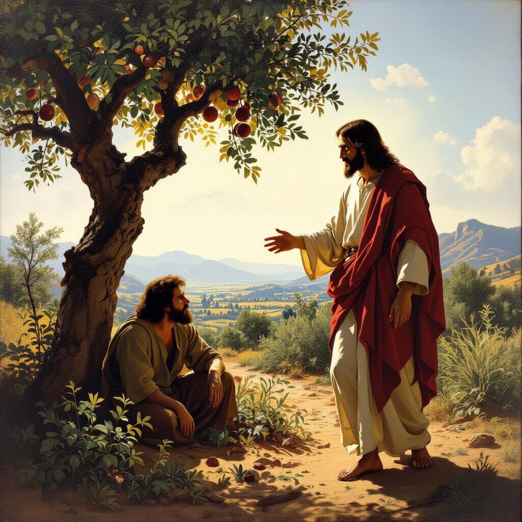 Jesus Discovers Nathanael Under Fig Tree in Caravaggio Style