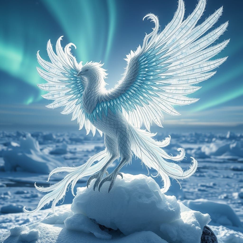 Icy Metallic Phoenix Sculpture in Flight