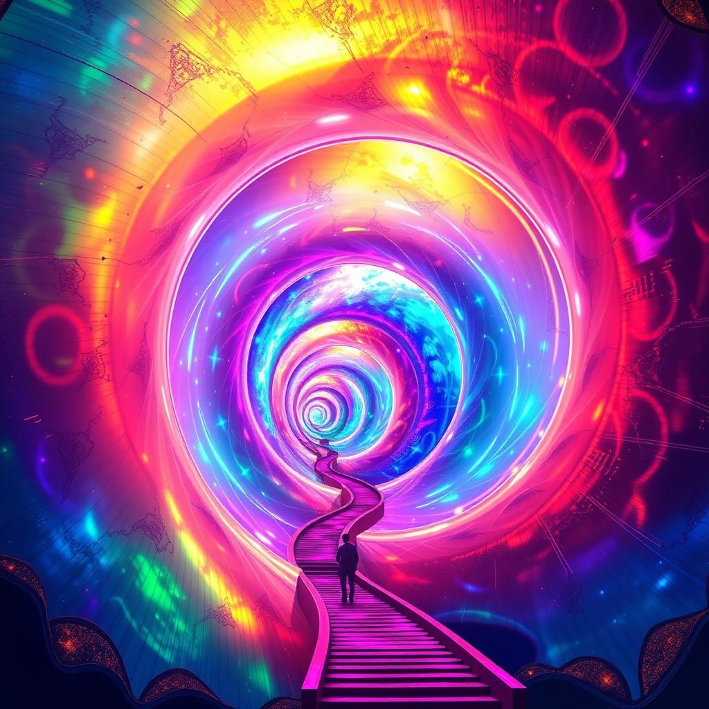 Spiral Bridge of Six Hearts in Neon Pop Style