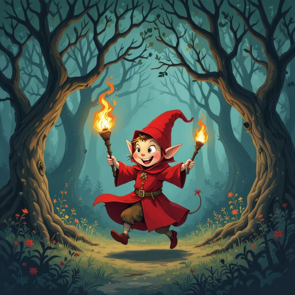 Mischievous Imp Dances in Enchanted Forest