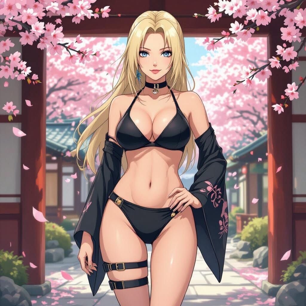 Tsunade in Lingerie with Cherry Blossoms, Anime Style