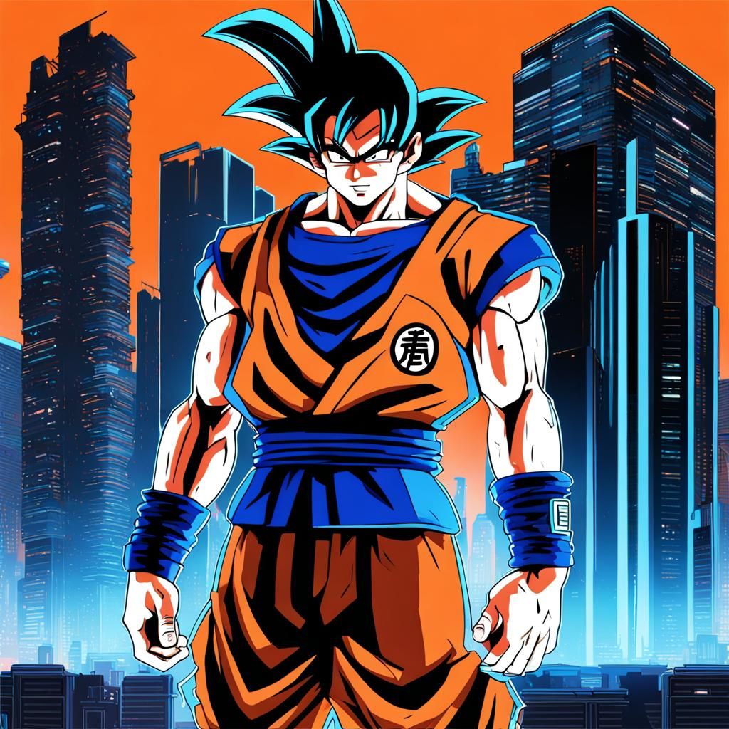 Goku in Cyberpunk Cityscape with Neon Lights