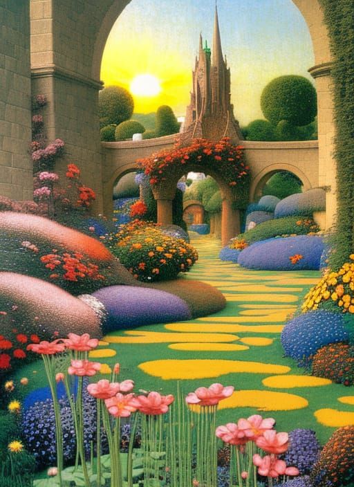 Sunrise Garden with Gothic Archways in Art Nouveau Style