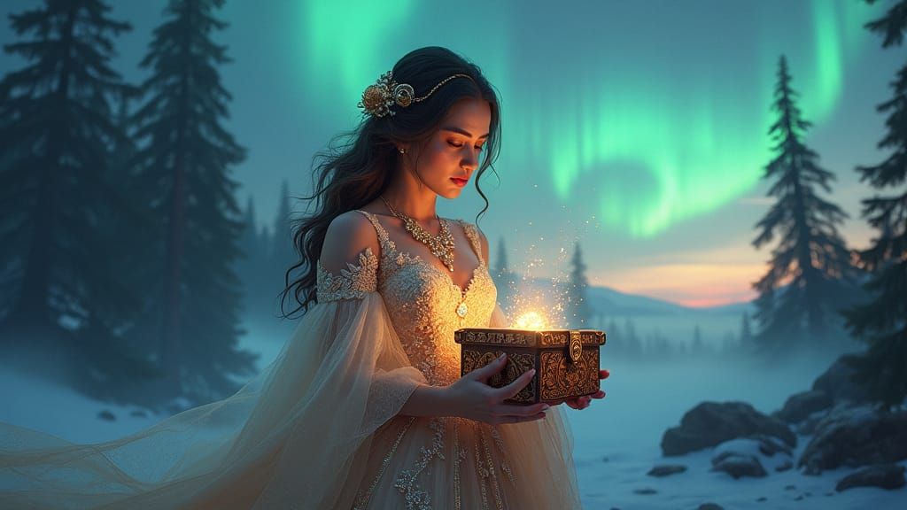 Woman with Glowing Box in Fantasy Landscape