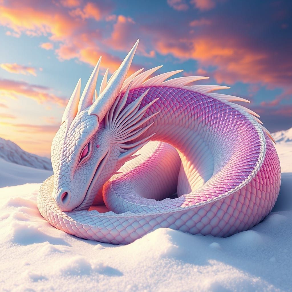 Hyperrealistic White Dragon in Iridescent Snow