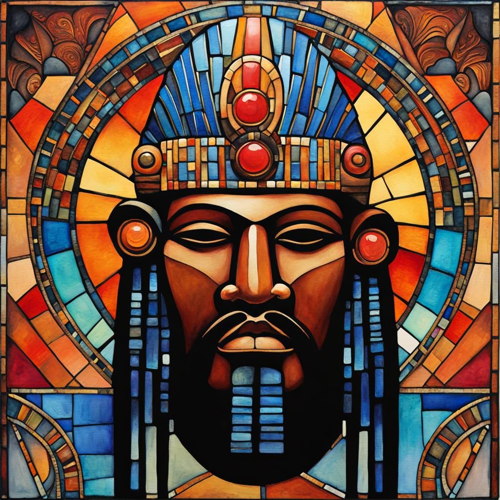 Olmec Pharaoh Fusion in Psychedelic Art Nouveau