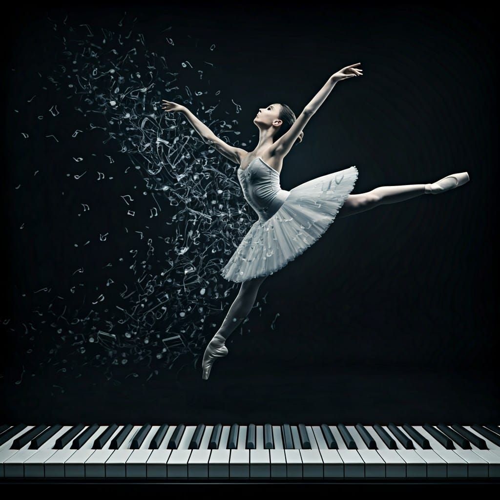 Ballerina Leaps in Stark Contrast, Musical Notes Swirl