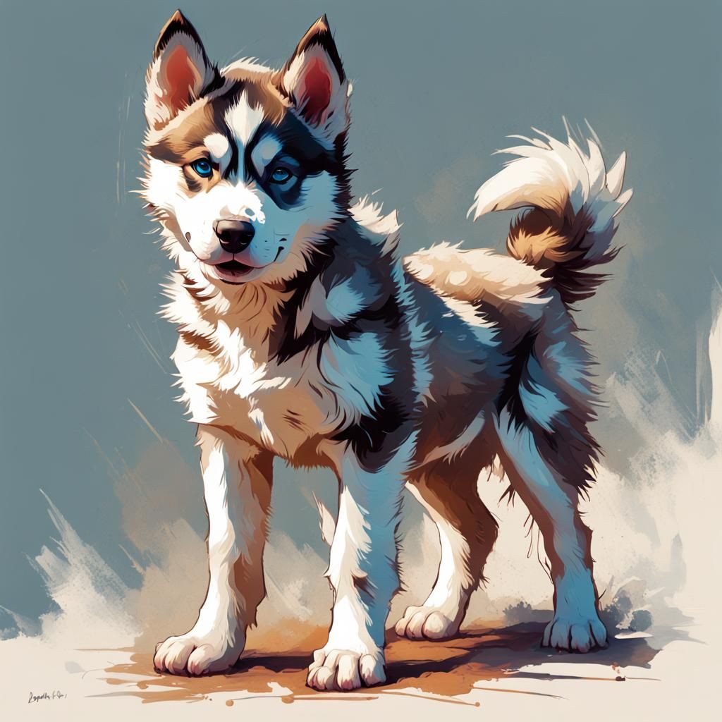 Dreamy Husky Pup Illustration in Fluid Acrylic Style