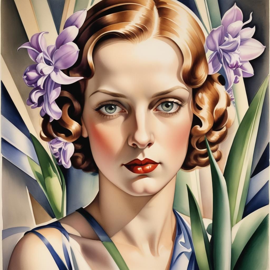 Art Deco Watercolor Self-Portrait with Glowing Lines