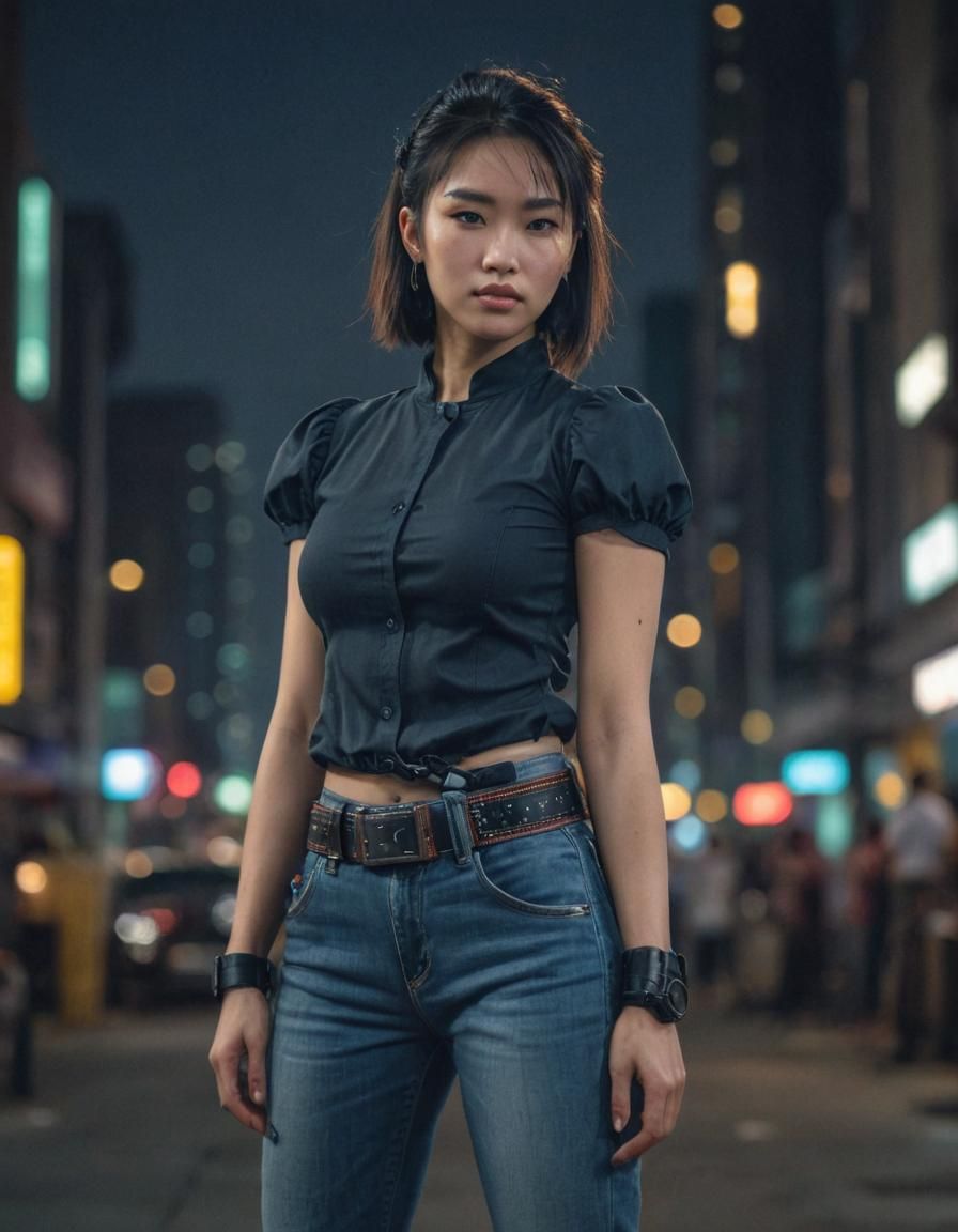 Cyberpunk Portrait: Vietnamese Woman in High-Tech Cityscape