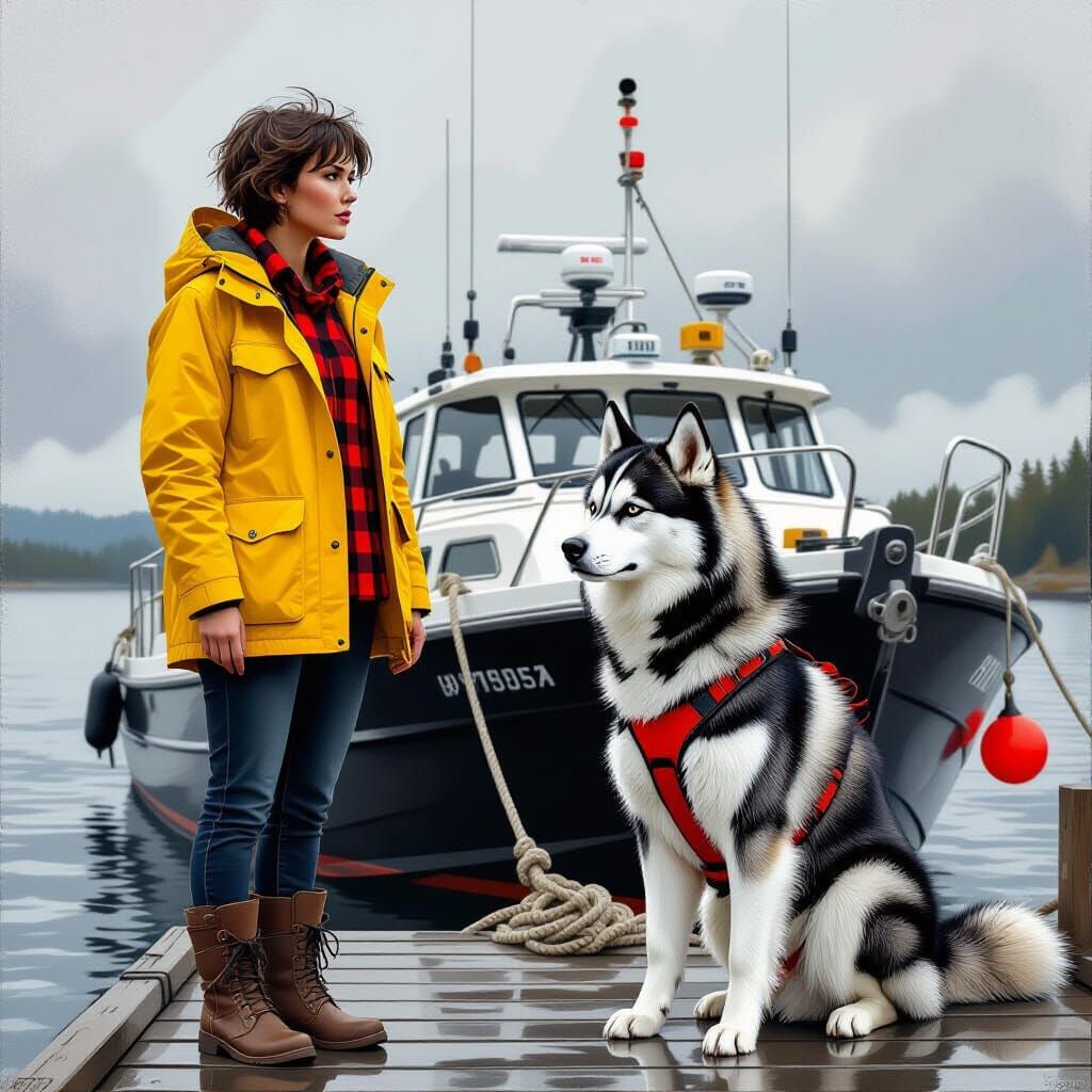 Woman and Husky on Dock in Realistic Style