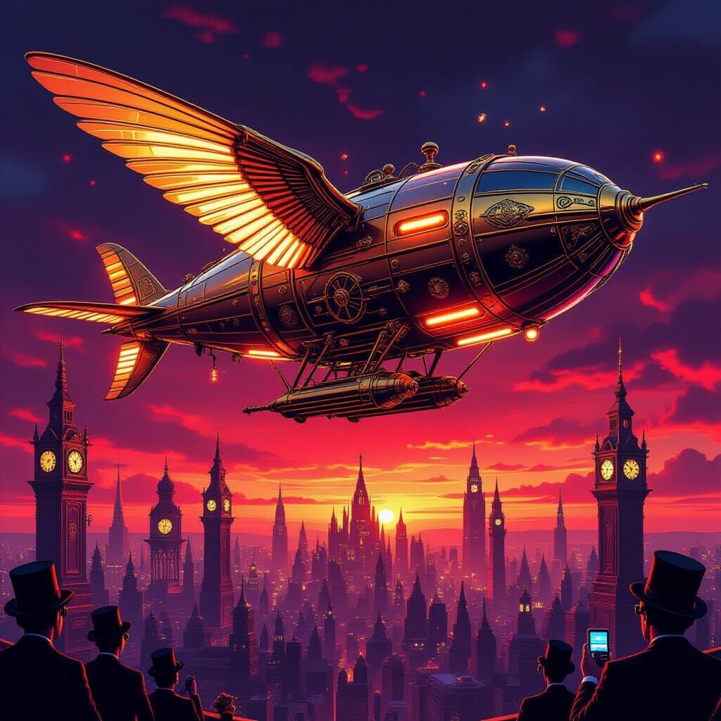 Mechanical Hummingbird Airship Soaring Through Crimson Sky