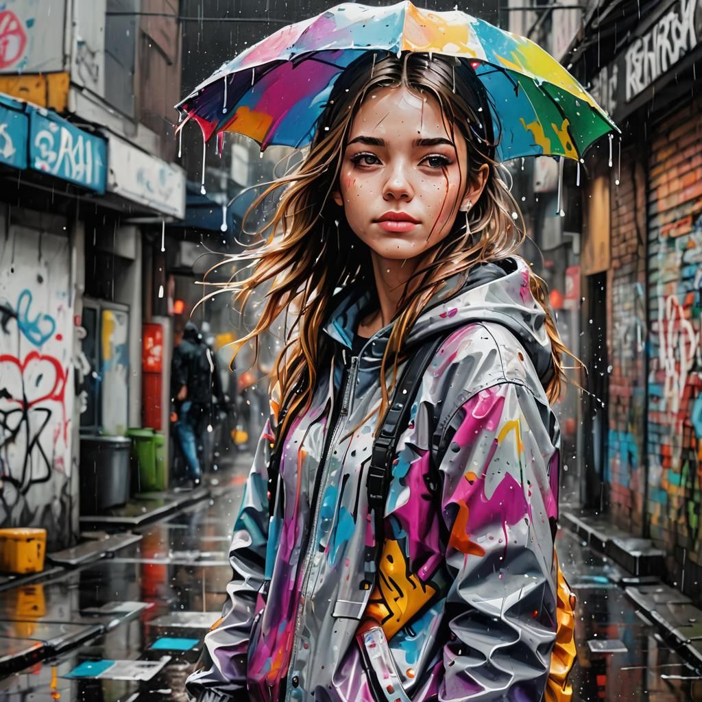 Girl Enjoying Rain in Graffiti Splash Art Style
