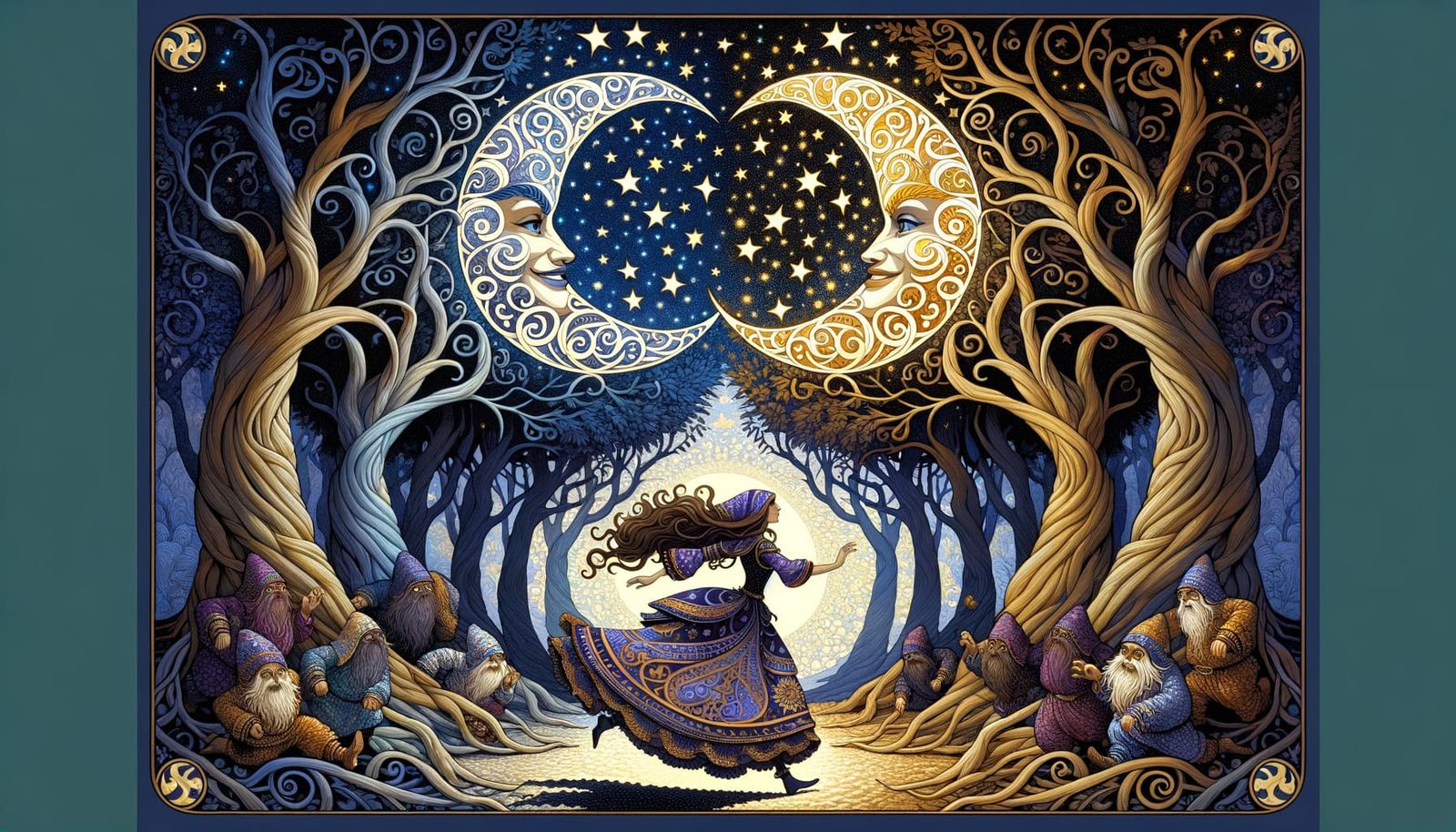 Fairy Tale Escape Under Twin Moons in Art Nouveau Style