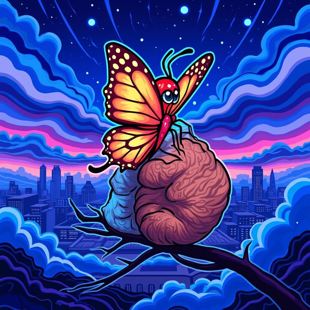 Confused Butterfly Seeks Cocoon in Astral Cityscape