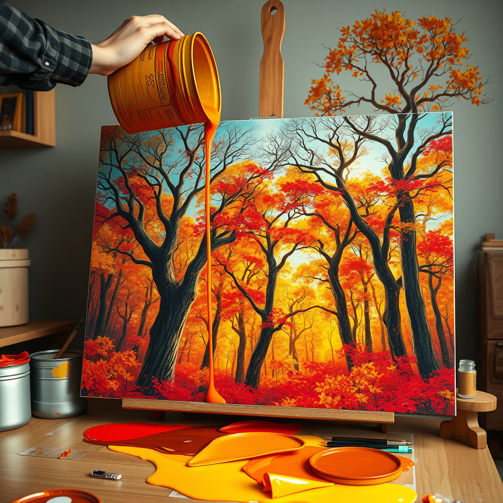 Autumn Forest Matte Painting Created with Swirling Paint