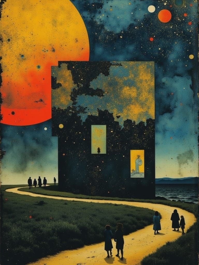 Dreamlike Gilded Sunset with Winding Road, Surreal Art