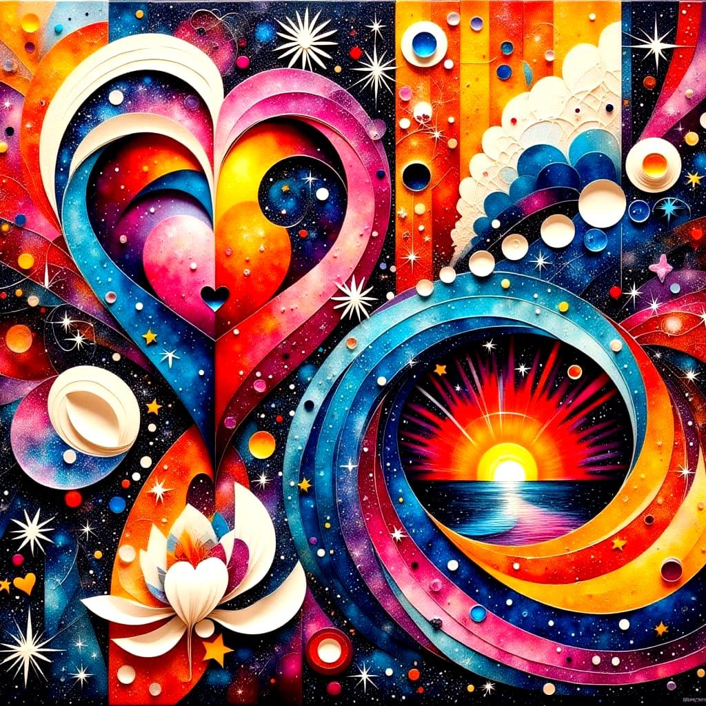 Vibrant Geometric Art with Whimsical Floral Elements